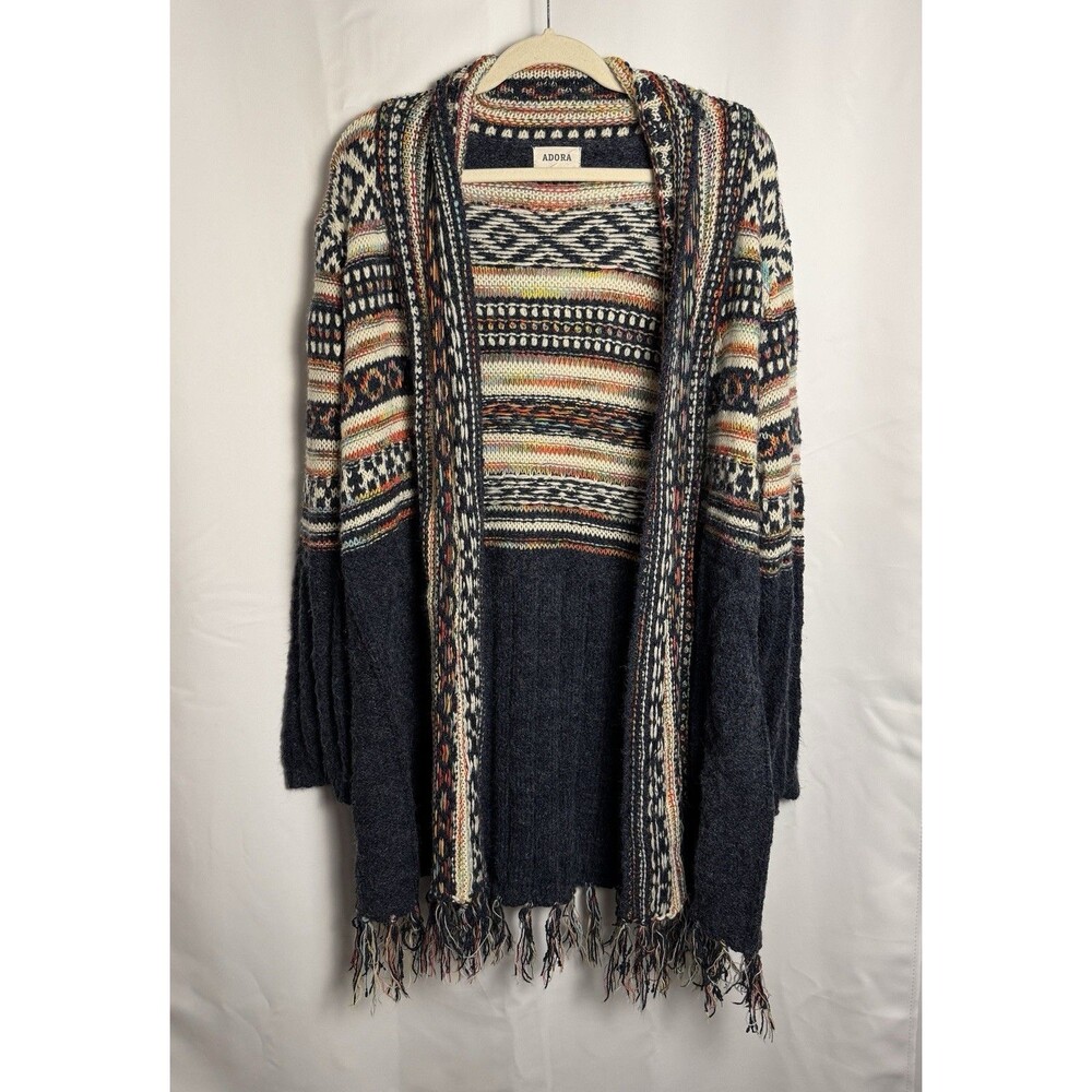 Adora 2X/3X Long Boho Cardigan Aztec Southwestern Fringe Knit Duster Sweater